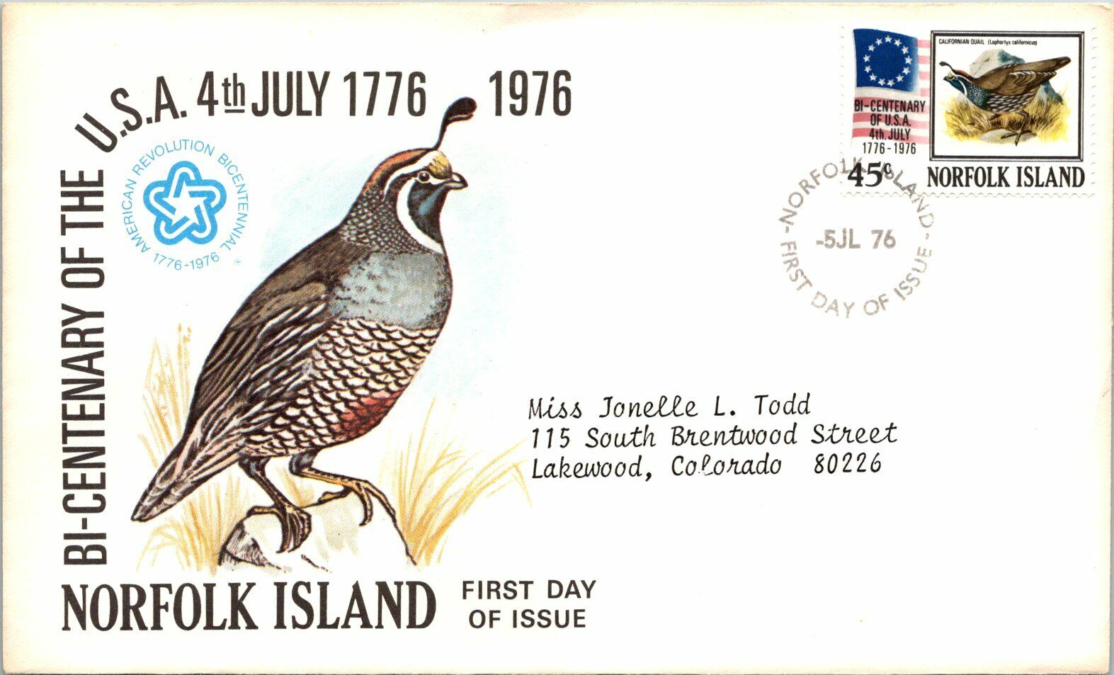 Australia 1976 Fdc - Bi-centenary Of The Usa 4th July - Norfolk Island - F12456