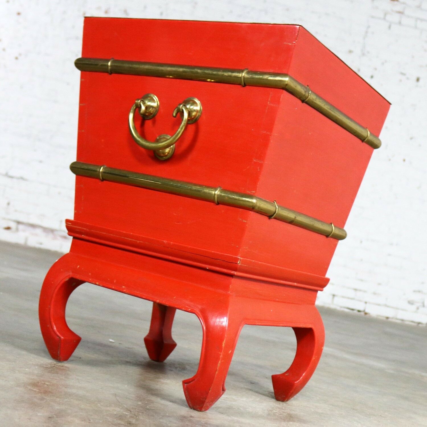 Chinese Red Lacquer & Brass Side Table Removable Ice Chest Style Hoof Foot Base
