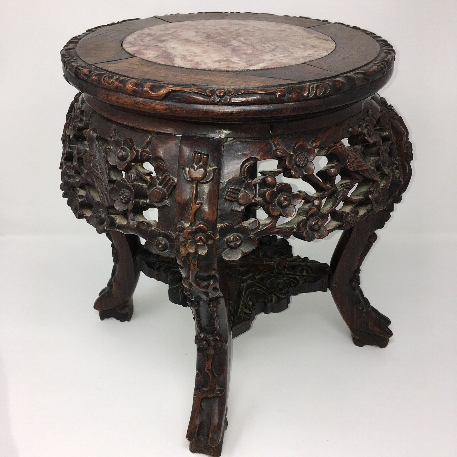 C1860 Carved Rosewood Plant Stand Marble Top Antique Wood Table Birds Flowers