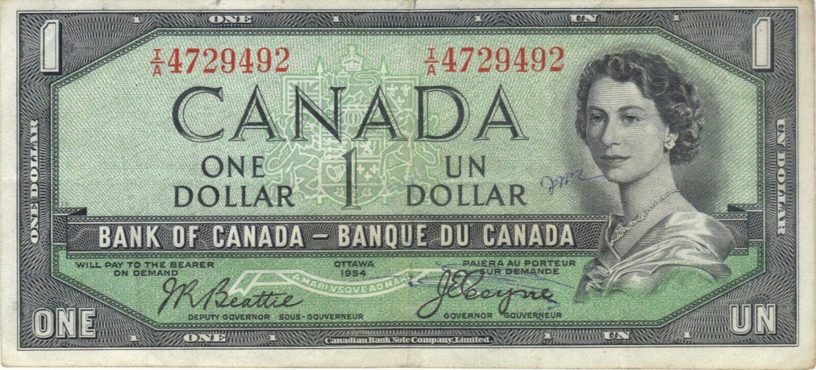 1954 $1 One Dollar Queen Elizabeth Ii Canada Currency Devil's Face Banknote Bill