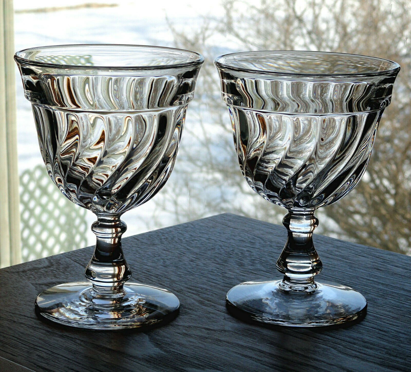 Pair Vintage Fostoria Glass #2412 Colony Swirl Crystal Clear Water Goblets