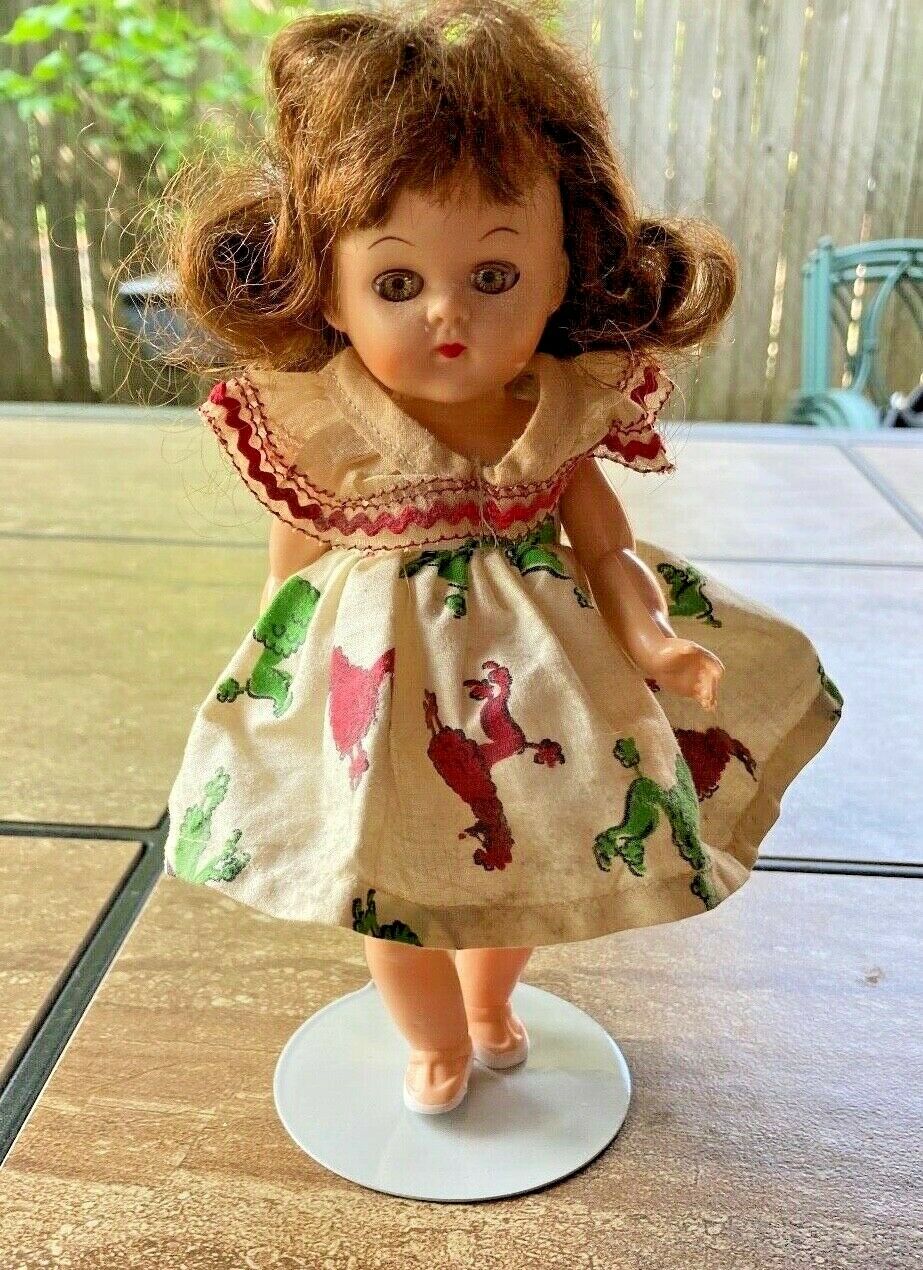 1950s 8" Plastic Virga Brunette Doll W/white Dress W/green And Red Poodles Exc