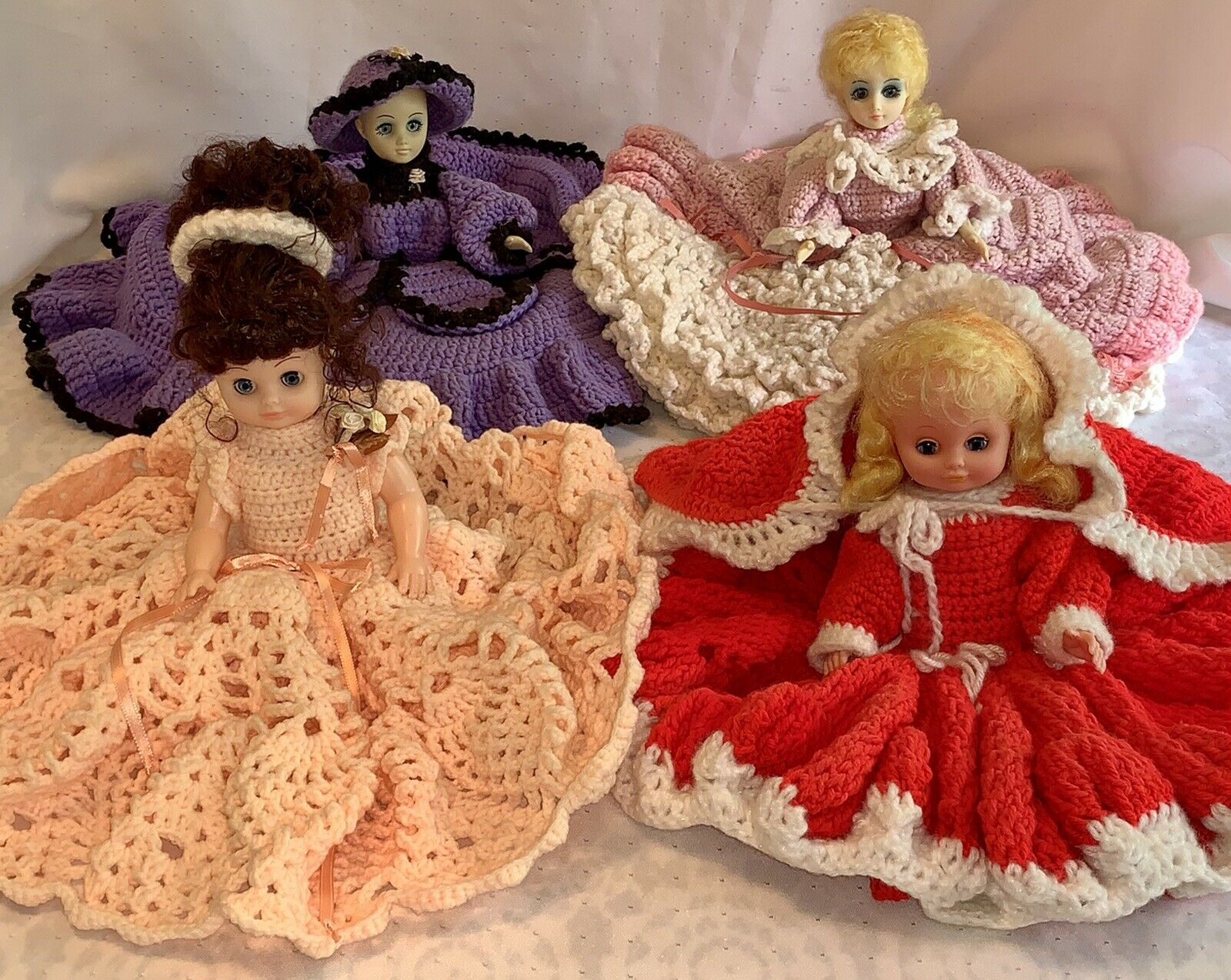 4 Vintage Crochet Bed Dolls Large Crochet Dresses Plastic Body Doll Estate Craft