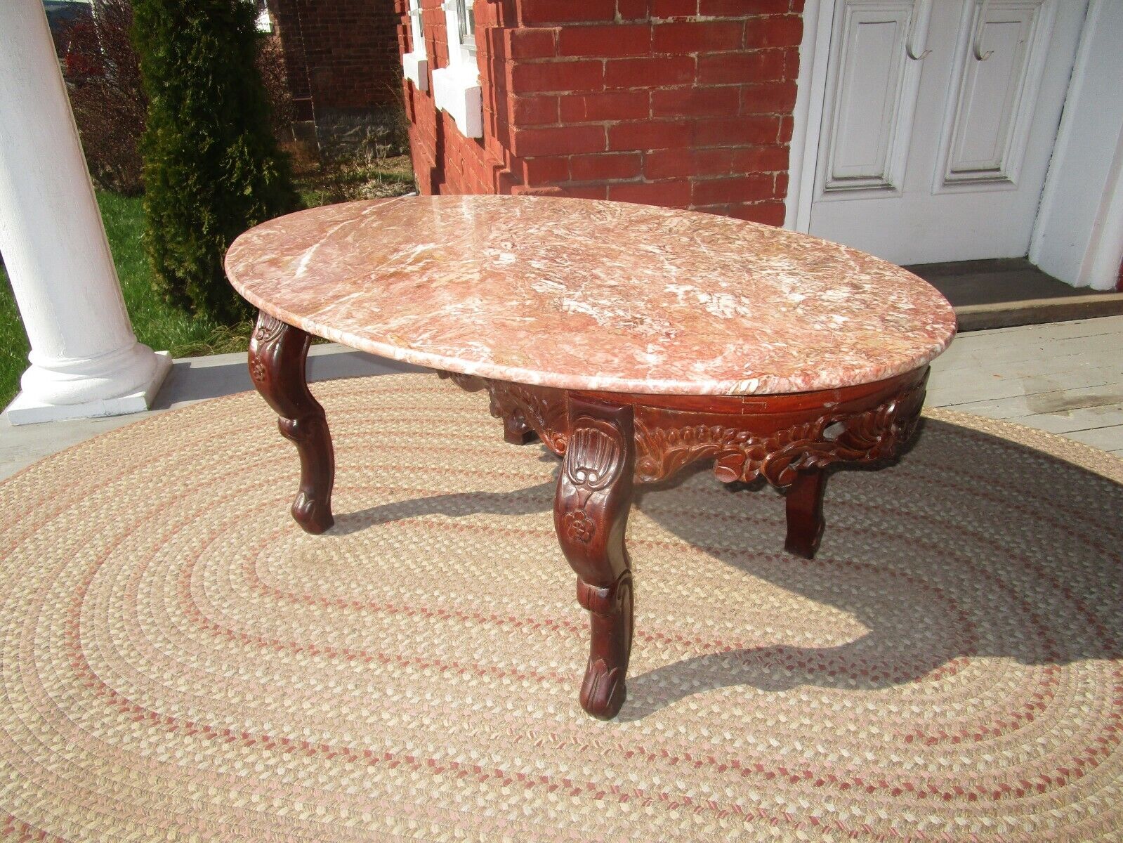 Vintage Marble Top Carved Wooden Oval Coffee Table Asian 44" X 28"