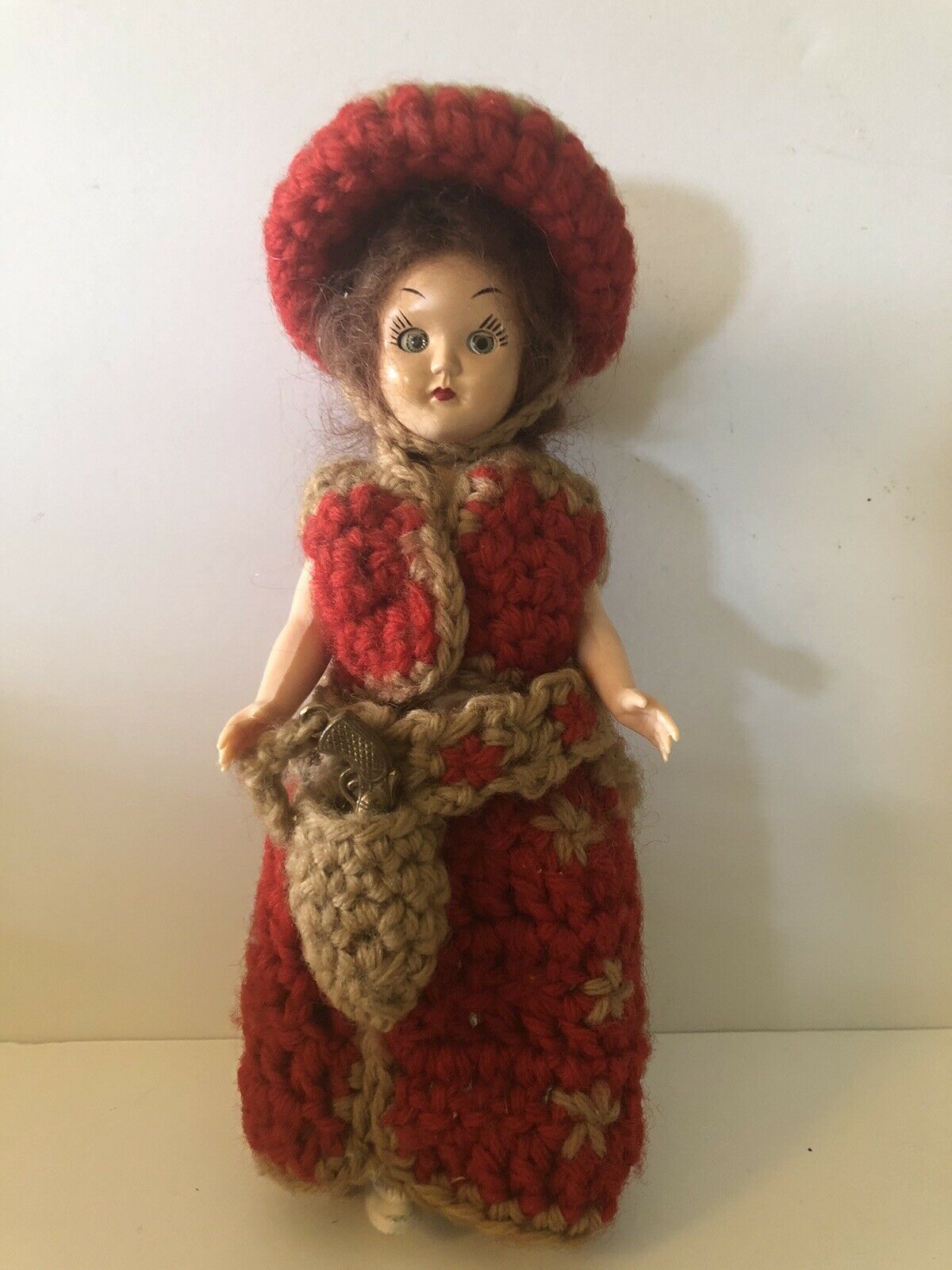 Vtg Mcm Hard Plastic Handmade Cowgirl Crochet Dress Me Brown Hair Doll