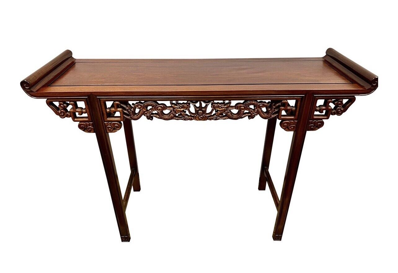 Iconic Mid Century Modern Chinese Carved Console Altar Table With Dragons