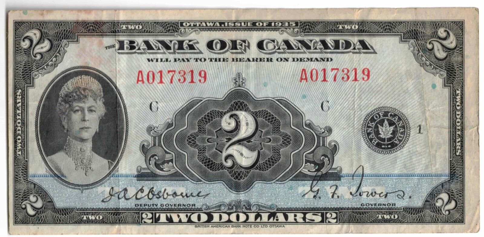$2 1935 Bank Of Canada Note Osborne-towers Series A Bc-3 - Vf Light Staining