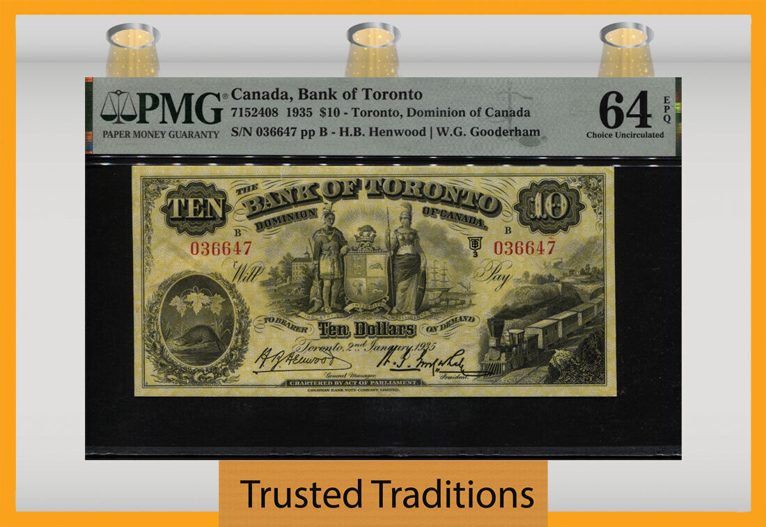 Tt Pk 7152408 1935 Dominion Of Canada Bank Of Toronto $10 Dollars Pmg 64 Epq